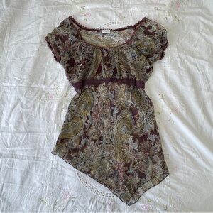 Suzy Shier Y2K Paisley Sheer Handkerchief Hem Boho Top M–L